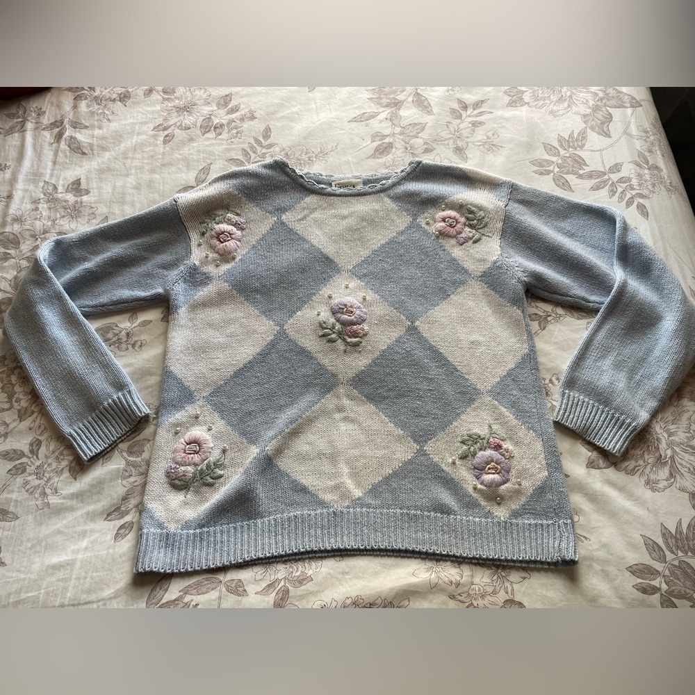 Vintage Checkered Floral Embroidered Coastal Grandma Sweater Coquette Dainty 90s